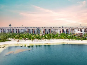 河內 Ocean Park 超級城市規劃全景，現代化住宅別墅群臨近人工沙灘與水晶湖，結合商業與娛樂配套的綜合發展模型。